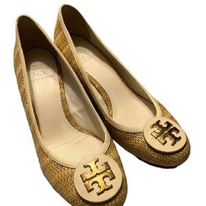 Tory Burch Beige Woven Flats with Gold Logo